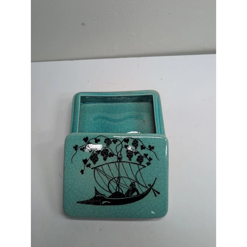 Gustavsberg ARGENTA Kage Black Boat Motif Ornate Box & Lid